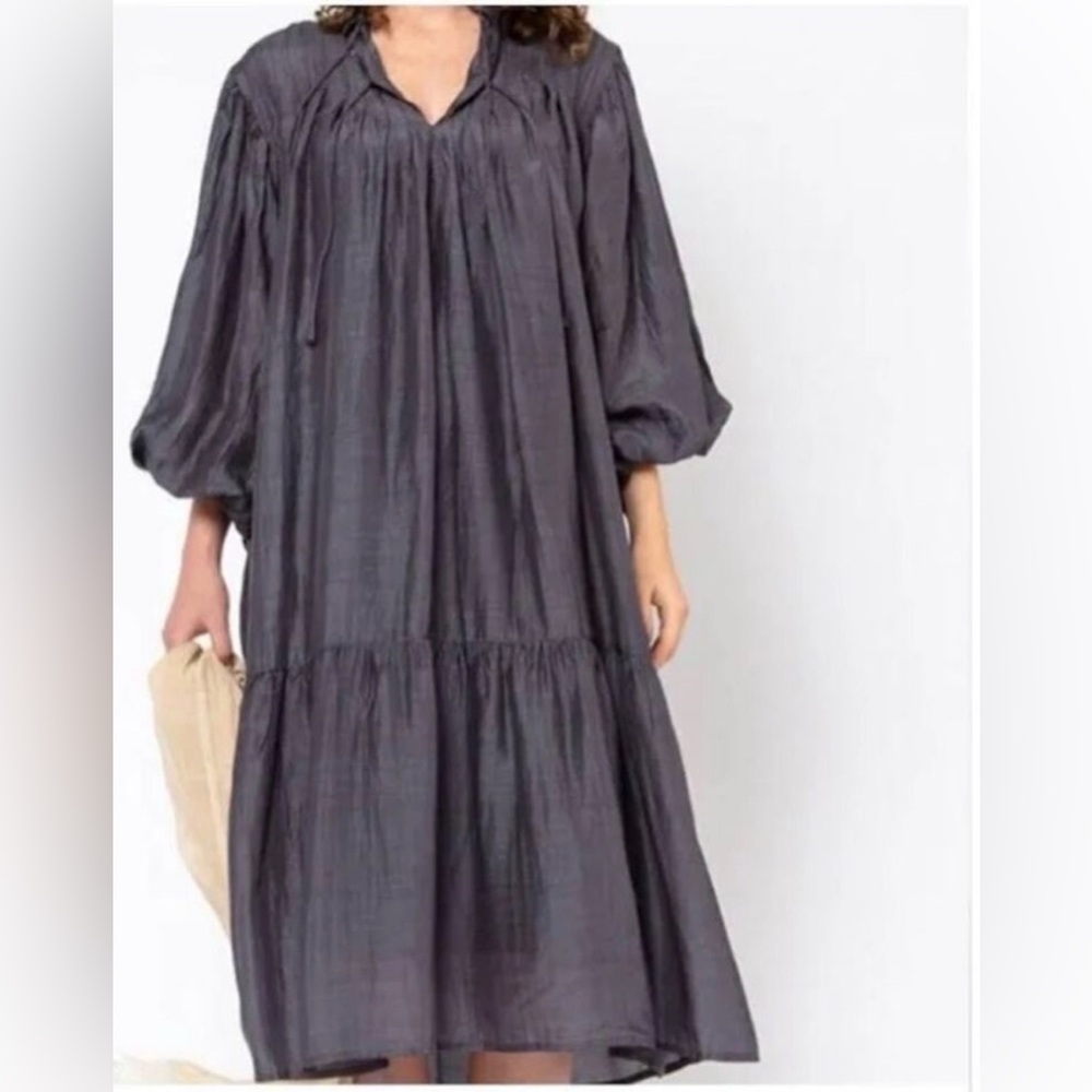 Matta Phool Charcoal Lagenlook Long Sleeve Boho Midi Dress